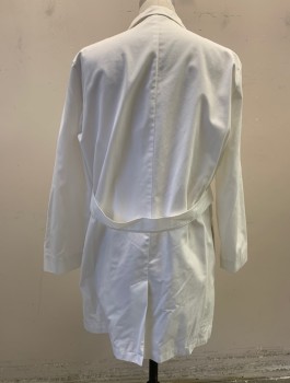 MR. BARCO, White, Poly/Cotton, Solid, 4 Button Front, Notched Lapel, Navy Medical Symbol Embroidered at Chest, Long Sleeves, 4 Pockets, Back Belt Attached, Center Back Hem Vent, 2 Side Seam Pocket Holes