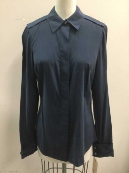 ANN TAYLOR, Navy Blue, Silk, Solid, Hidden Button Front, Collar Attached, Epaulets, Long Sleeves, French Cuffs