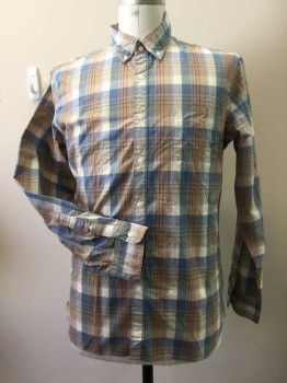 J CREW, Khaki Brown, Blue, Cream, Red, Green, Cotton, Plaid, Button Front, Collar Attached, Button Down Collar, Long Sleeves, 1 Pocket