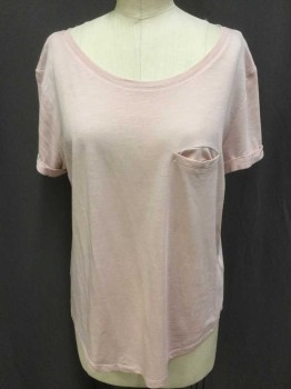 Womens, Top, H & M, Lt Pink, Cotton, Modal, Heathered, S, (DOUBLE)  Heather Light-pink, Round Neck,  1 Pocket, Fold-over Short Sleeve,