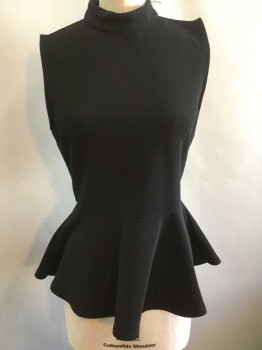 Womens, Top, FOREVER 21, Black, Polyester, Spandex, Solid, M, Sleeveless, Ribbed Texture, Mock Neck, Peplum Waist, Open Slit at Center Back, 2 Button Closure at Center Back Neck