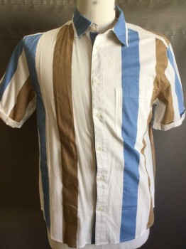 Mens, Casual Shirt, URBAN OUTFITTERS, White, Blue, Brown, Cotton, Stripes - Vertical , M, Short Sleeves, Button Front, Collar Attached, 1 Pocket,