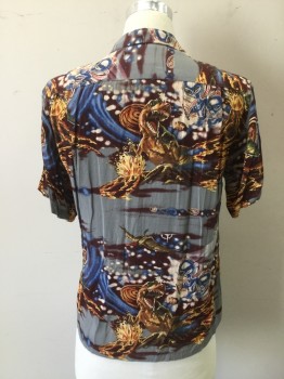 N/L, Gray, Brown, Blue, White, Rayon, Novelty Pattern, Gray Background with Aliens and Dinosaur Print, Open Collar, Button Front, Short Sleeves, Doubles
