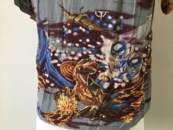 Mens, Casual Shirt, N/L, Gray, Brown, Blue, White, Rayon, Novelty Pattern, L, Gray Background with Aliens and Dinosaur Print, Open Collar, Button Front, Short Sleeves, Doubles