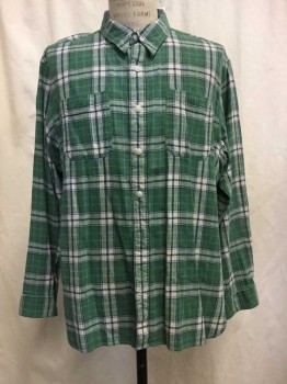 Mens, Casual Shirt, RRL, Green, Beige, Navy Blue, Cotton, Plaid, XL, Green/ Beige/ Navy Plaid, Button Front, Collar Attached, 2 Pockets,
