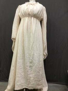 Womens, Historical Fiction Dress, MTO, Cream, Linen, Solid, 4 / 14, Drawstring Neck With Raw Edged Ruffle, Elastic Empire Waist, Extra Long Pointed Sleeves, Elastic Drawstring Tie Back Waist, Tattered Hem