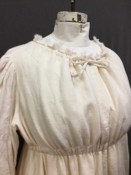 Womens, Historical Fiction Dress, MTO, Cream, Linen, Solid, 4 / 14, Drawstring Neck With Raw Edged Ruffle, Elastic Empire Waist, Extra Long Pointed Sleeves, Elastic Drawstring Tie Back Waist, Tattered Hem