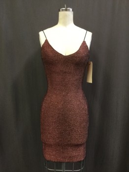 Womens, Cocktail Dress, TOP SHOP, Rose Pink, Polyester, Solid, 24W, 30B, Skinny Rope Straps, Metallic Sweater Knit, Deep V-neck, Back Zipper, Bust Lined Only, Body Contour,