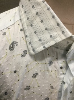 ETRO, Off White, Cotton, Paisley/Swirls, with Charteuse and Black Constellations Pattern, Swiss Dot, L/S, B.F., C.A.,