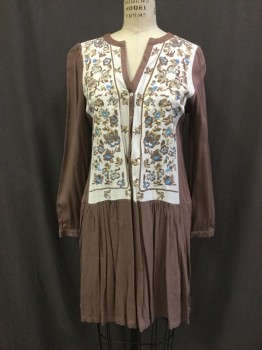 ADOIRE, Brown, White, Tan Brown, Lt Blue, Rayon, Color Blocking, Floral, Pullover, Button Front, V-neck, Long Sleeves, Embroiderred Bib, Short Gathered Skirt