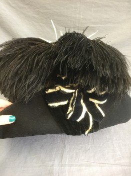 NL, Black, Cream, Ecru, Wool, Feathers, Solid, Black Felt, with Black Velvet Gathered Band, Ecru with Black Burnout Velvet Square Dots Pattern Gauze Detail, Large Black and Cream Ostrich Feathers **Gauze is Very Shredded, Feathers are Damaged,