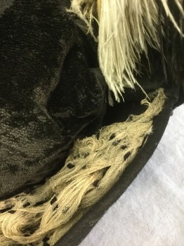 NL, Black, Cream, Ecru, Wool, Feathers, Solid, Black Felt, with Black Velvet Gathered Band, Ecru with Black Burnout Velvet Square Dots Pattern Gauze Detail, Large Black and Cream Ostrich Feathers **Gauze is Very Shredded, Feathers are Damaged,