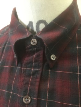 VINCE, Red Burgundy, Black, Rust Orange, Cotton, Rayon, Plaid-  Windowpane, Flannel, Long Sleeve Button Front, Collar Attached, Button Down Collar, 1 Patch Pocket