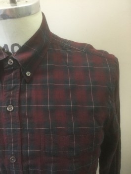 VINCE, Red Burgundy, Black, Rust Orange, Cotton, Rayon, Plaid-  Windowpane, Flannel, Long Sleeve Button Front, Collar Attached, Button Down Collar, 1 Patch Pocket