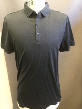 CALVIN KLEIN, Charcoal Gray, Cotton, Solid, Stripes - Pin, Heather Grey Micro Pinstriped Collar and Placket,  3 Button Front Neck, Short Sleeves,
