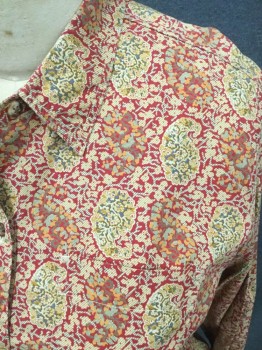 LIZ CLAIBORNE, Dk Red, Tan Brown, Olive Green, Orange, Cotton, Floral, Paisley/Swirls, Button Front, Collar Attached, Long Sleeves, 1 Pocket