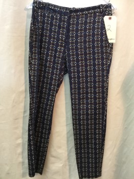 Womens, Pants, ZARA, Navy Blue, Gold, White, Red, Cotton, Elastane, Novelty Pattern, 2, Flat Front, Zip Front, Waistband, Belt Loops, 4 Pockets Back Ones Sewn Shut, Cropped