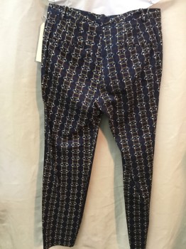 Womens, Pants, ZARA, Navy Blue, Gold, White, Red, Cotton, Elastane, Novelty Pattern, 2, Flat Front, Zip Front, Waistband, Belt Loops, 4 Pockets Back Ones Sewn Shut, Cropped