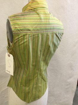 PLENTY, Green, Yellow, Pink, Brown, Red, Silk, Stripes - Vertical , Multi Greens Pink Red Yellow Brown Vertical Stripes, Button Front, Collar Attached, Sleeveless, Button Down Collar