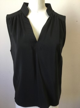 FRAME, Black, Silk, Solid, Quilted Band Collar, V-neck, Sleeveless