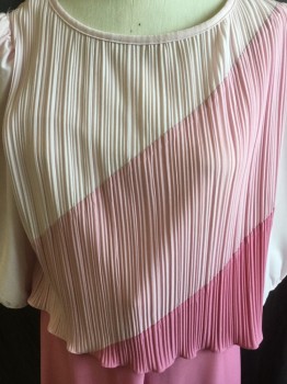 GOOD TIMES, Lt Pink, Pink, Polyester, Color Blocking, Round Neck,  3 Shades of Pink Accordion Pleat Top with Curly Unattached Hem, Solid Light Pink Accordion Pleat Back, 3/4 Sleeves with Thin Elastic Hem, Solid Pepto Pink with Flair Bottom, Pull Over  *Sleeve Hem Needs New Elastic**