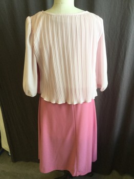 GOOD TIMES, Lt Pink, Pink, Polyester, Color Blocking, Round Neck,  3 Shades of Pink Accordion Pleat Top with Curly Unattached Hem, Solid Light Pink Accordion Pleat Back, 3/4 Sleeves with Thin Elastic Hem, Solid Pepto Pink with Flair Bottom, Pull Over