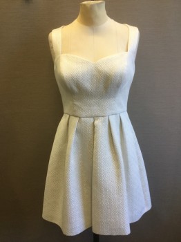 Womens, Cocktail Dress, GUESS, White, Silver, Synthetic, Lurex, Novelty Pattern, 4, White and Silver Geometric Brocade. Sleeveless, Heart Shape Neckline, Princess Line, Skirt Pleated to Waist, Zipper Center Back, (Stain at Center Front Skirt at Hemline)