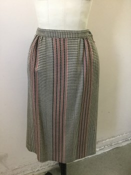 Womens, 1990s Vintage, Suit, Skirt, ERREUNO, Beige, Black, Red, White, Wool, Polyester, W:28, Specked Weave, with Vertical Stripes of Varying Widths, 1" Wide Waistband, Gathered at Waist, Pencil Skirt, Knee Length,