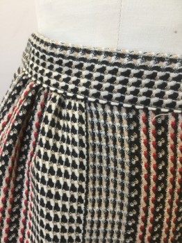 Womens, 1990s Vintage, Suit, Skirt, ERREUNO, Beige, Black, Red, White, Wool, Polyester, W:28, Specked Weave, with Vertical Stripes of Varying Widths, 1" Wide Waistband, Gathered at Waist, Pencil Skirt, Knee Length,
