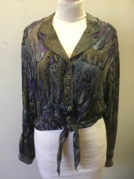 PLATINUM, Purple, Taupe, Beige, Black, Gray, Polyester, Animals, Abstract Giraffes Pattern, Sheer Chiffon, Long Sleeve Button Front, Notched Collar, Self Tie Waist, Taupe Solid Microsuede Cuffs and Panel at Back Waist,