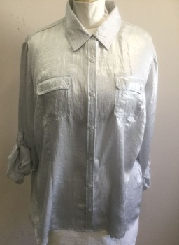 Womens, Blouse, CALVIN KLEIN, Silver, Polyester, Solid, 2X, Slightly Shiny Material, Long Sleeve Button Front, Collar Attached, 2 Patch Pockets with Button Flap Closures, Loops on Sleeves to Hold Up Cuffs