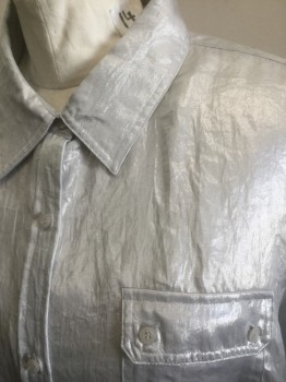 CALVIN KLEIN, Silver, Polyester, Solid, Slightly Shiny Material, Long Sleeve Button Front, Collar Attached, 2 Patch Pockets with Button Flap Closures, Loops on Sleeves to Hold Up Cuffs