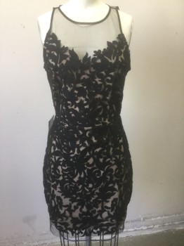 Womens, Cocktail Dress, BEBE, Black, Beige, Nylon, Polyester, Floral, 4, Sheer Black Net with Black Floral Appliqués Throughout, Sleeveless, Beige Opaque Stretch Polyester Base Layer, Sheer Above Bust, Hem Mini
