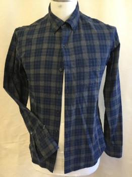 BONOBOS, Heather Gray, Navy Blue, Cotton, Plaid, Collar Attached, Button Down, Button Front, 1 Pocket, Long Sleeves,