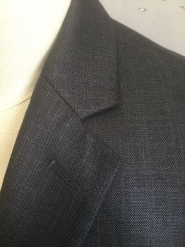 Mens, Suit, Jacket, KENNETH COLE REACTIO, Dk Gray, Polyester, Rayon, Solid, 44R, Faint Crosshatched/Grid Pattern, Single Breasted, Notched Lapel, 2 Buttons, 3 Pockets, Black Lining with Royal Blue Accents
