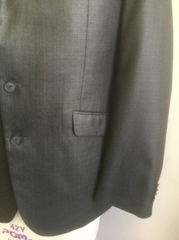 Mens, Suit, Jacket, KENNETH COLE REACTIO, Dk Gray, Polyester, Rayon, Solid, 44R, Faint Crosshatched/Grid Pattern, Single Breasted, Notched Lapel, 2 Buttons, 3 Pockets, Black Lining with Royal Blue Accents