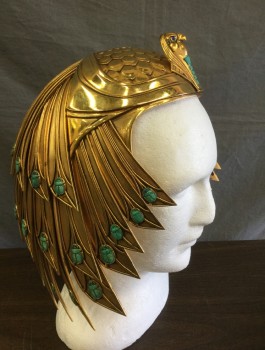 Unisex, Historical Fiction Headpiece, MTO, Gold, Turquoise Blue, Metallic/Metal, Fiberglass, Gold "Feathers" Around Head, with Gold Bird Detail at Center Front Above Face, Turquoise Scarab Beetle Stones Throughout, Metal/Chrome on Fiberglass, Egyptian Fantasy, Made To Order
