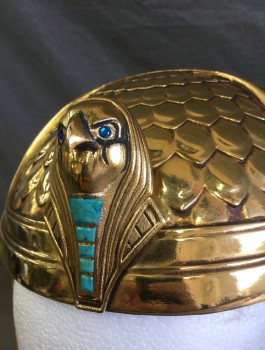 MTO, Gold, Turquoise Blue, Metallic/Metal, Fiberglass, Gold "Feathers" Around Head, with Gold Bird Detail at Center Front Above Face, Turquoise Scarab Beetle Stones Throughout, Metal/Chrome on Fiberglass, Egyptian Fantasy, Made To Order