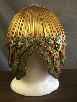 MTO, Gold, Turquoise Blue, Metallic/Metal, Fiberglass, Gold "Feathers" Around Head, with Gold Bird Detail at Center Front Above Face, Turquoise Scarab Beetle Stones Throughout, Metal/Chrome on Fiberglass, Egyptian Fantasy, Made To Order