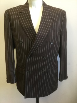 VINCI, Brown, White, Polyester, Rayon, Stripes - Pin, Brown with White Pinstripes, Double Breasted, Peaked Lapel, 3 Pockets, Tan Lining with Vinci Repeating Logo, **Has a Double