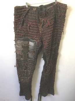 N/L MTO, Faded Black, Beige, Brown, Brick Red, Cotton, Metallic/Metal, Black and Beige Rough Weave, with Brick/Brown Yarn/Loose Net Overlay, Aged Metal Square Plates at Left Upper Thigh, Aged Look, Made To Order