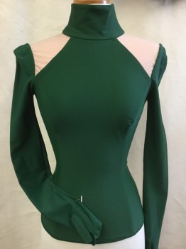 Womens, Top, MTO, Green, Polyester, Solid, 2-4, Turtleneck, Cut Out/Lt Beige Inlay Shoulder, Fitted, Bone Bodice, Zip Back, L/S, (leotard)