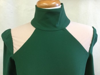 MTO, Green, Polyester, Solid, Turtleneck, Cut Out/Lt Beige Inlay Shoulder, Fitted, Bone Bodice, Zip Back, L/S, (leotard)