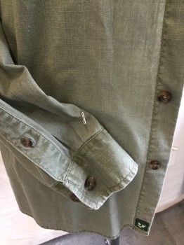 OUTDOOR LIFE, Lt Olive Grn, Cotton, Solid, Faded Olive, Collar Attached, Button Front, 2 Pockets with Flap, Long Sleeves, Curved Hem