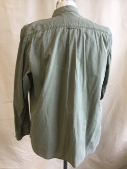 OUTDOOR LIFE, Lt Olive Grn, Cotton, Solid, Faded Olive, Collar Attached, Button Front, 2 Pockets with Flap, Long Sleeves, Curved Hem