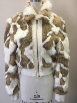Womens, Casual Jacket, I LOVE H81, Caramel Brown, White, Brown, Faux Fur, Polyester, Abstract , S, Caramel and White Furry/Faux Fur Material, Zip Front, Collar Attached, Solid Off White Rib Knit Waistband and Cuffs, Off White Satin Lining