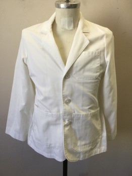 LANDAU, White, Polyester, Cotton, Solid, Short, Notched Lapel, Long Sleeves, 3 Pockets, 3 Buttons,  Single Back Vent