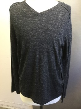 Mens, Pullover Sweater, VINCE, Black, White, Gray, Wool, Linen, Solid, L, Heathered Black W/white and Grey, V-neck,