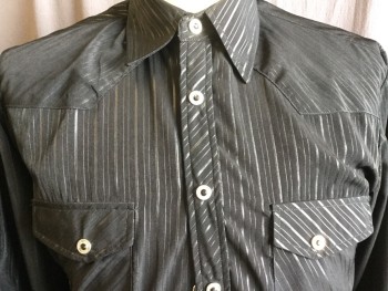 Mens, Western, LIQUID WEST, Black, Polyester, Cotton, Stripes - Vertical , Stripes - Diagonal , S, Black with Black Uneven Shinny Self Black Vertical & Diagonal Stripes, Western Yokes Upper Front & Back, Silver & Black in the Middle Snap Front, 2 Pockets with Flap, Long Sleeves,