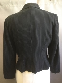 Womens, Blazer, JONES NY, Black, Polyester, Stripes, 14P, Black with a Self Embossed Static Stripe, White Pinstripes, One Button Front, Slit Pockets, Peaked Lapel,